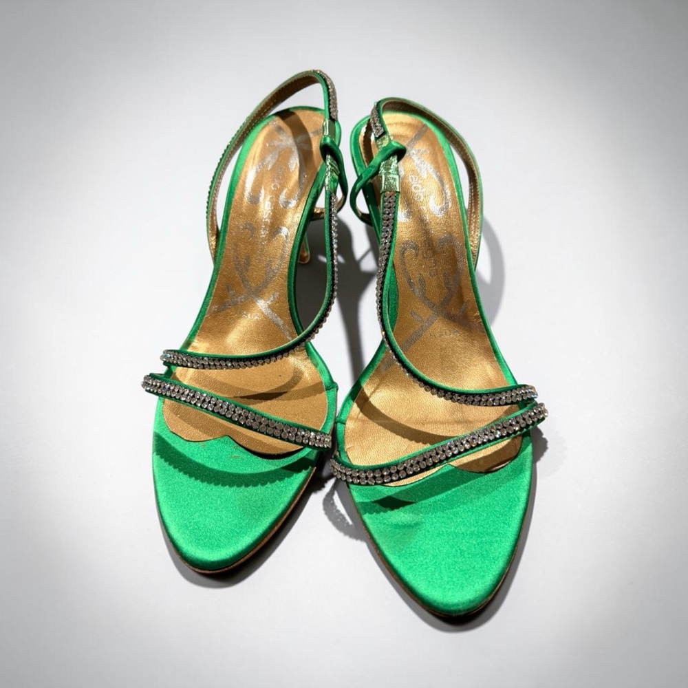 Green Satin Crystal-Strap Slingback Heels
